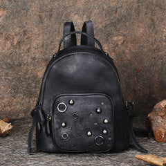 Best Vintage Rivet Black Gray Leather Rucksack Womens Small School Backpacks Leather Backpack Purse