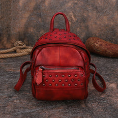 Best Vintage Rivets Brown Leather Rucksack Womens Small School Rucksack Leather Backpack Purse