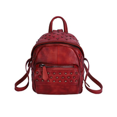 Best Vintage Rivets Red Leather Rucksack Womens Small School Rucksack Leather Backpack Purse