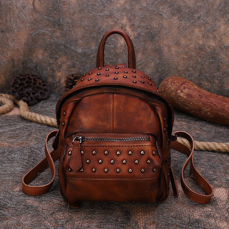 Best Vintage Rivets Coffee Leather Rucksack Womens Small School Rucksack Leather Backpack Purse