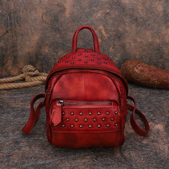 Best Vintage Rivets Brown Leather Rucksack Womens Small School Rucksack Leather Backpack Purse