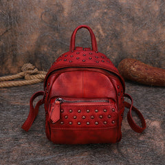 Best Vintage Rivets Red Leather Rucksack Womens Small School Rucksack Leather Backpack Purse