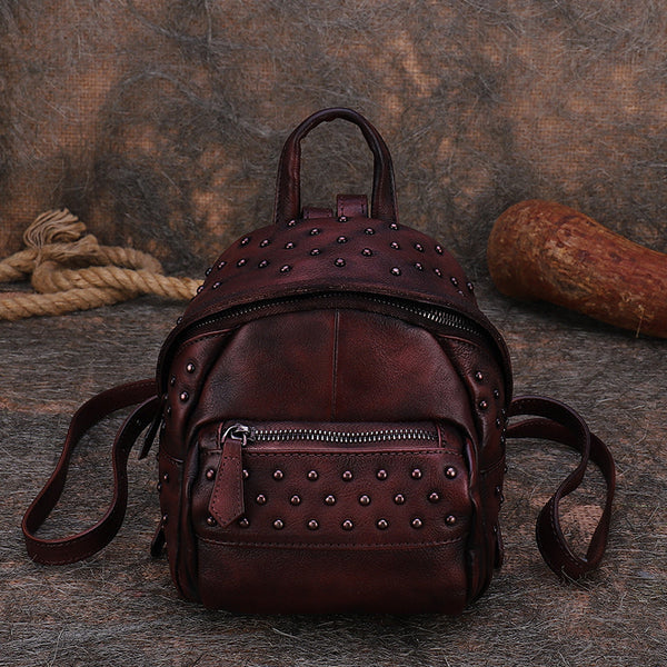 Best Vintage Rivets Brown Leather Rucksack Womens - Bill Slots Detail