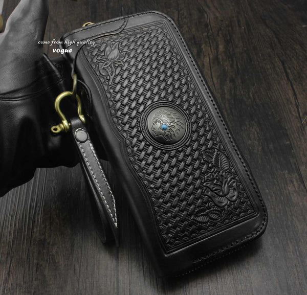 Black Tooled Leather Men's Zipper Long Wallet Biker Wallet Biker Chain Wallet Fo WG02881037