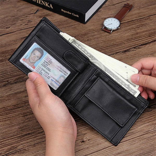 Black Trifold Leather Mens Wallet Small Wallet - Back View