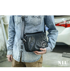 Casual Black Leather Mens 10 inches Side Bag Small Messenger Bag Black Postman Bag For Men