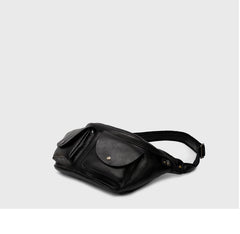 Black LEATHER MENS 10 inches FANNY PACK - Closure Detail