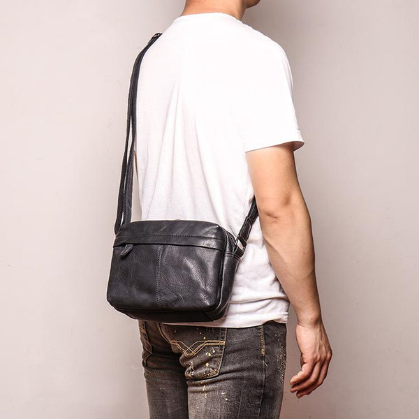 Black Leather Small Zipper Messenger Bag Courier - Back View