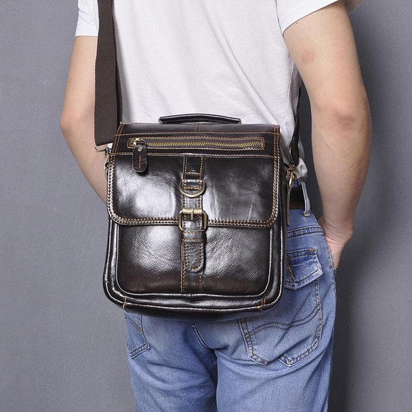 Black Leather Mens Small Vertical Messenger Bag - Back View