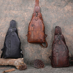 Cool Mens Sling Bag Vintage Leather Chest - Leather Texture Detail