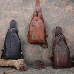 Black Gray Mens Sling Bag Vintage Leather - Leather Texture Detail
