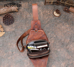 Brown Mens Sling Bag Vintage Leather Chest - Overall View
