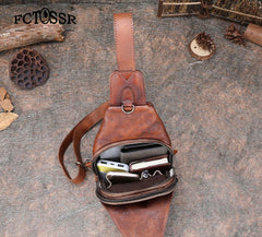 Black Gray Mens Sling Bag Vintage Leather - Overall View
