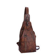 Brown Mens Sling Bag Vintage Leather Chest - Bill Slots Detail