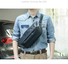 Cool Black Leather Men Chest Bag Large Sling Bag One Shoulder Backpack Sling Packs For Men