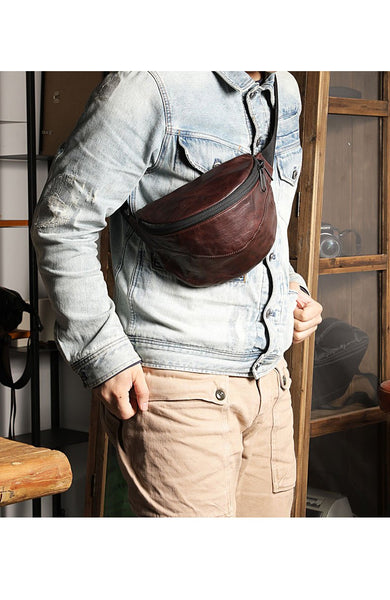 Black Handmade Leather Men Fanny Pack Small Waist Bag Hip Pack Coffee Belt Bag B YBL03282002
