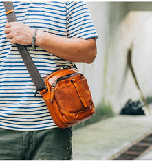 Cool Black Leather Men Small Square Side Bags Tan Fashion Messenger Bag Postman Bag For Men