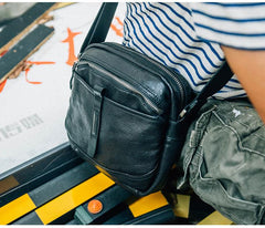 Cool Black Leather Men Small Square Side Bags Tan Fashion Messenger Bag Postman Bag For Men