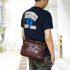 Handmade Black Wrinkled Leather Men Postman Bag Coffee Cool Courier Bag Messenger Bag One Shoulder Backpack For Men