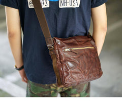 Handmade Black Wrinkled Leather Men Postman Bag Coffee Cool Courier Bag Messenger Bag One Shoulder Backpack For Men