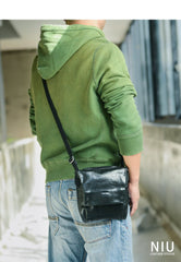 Cool Black Wrinkled Leather Men Vertical Square Side Bags Black Messenger Bag Courier Bag For Men