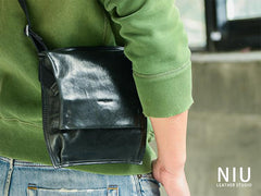 Cool Black Wrinkled Leather Men Vertical Square Side Bags Black Messenger Bag Courier Bag For Men