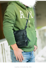 Cool Black Wrinkled Leather Men Vertical Square Side Bags Black Messenger Bag Courier Bag For Men