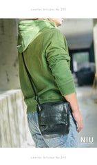 Cool Black Wrinkled Leather Men Vertical Square Side Bags Black Messenger Bag Courier Bag For Men