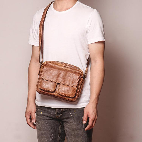 Black LEATHER MEN'S Small Side bag Brown - Back View