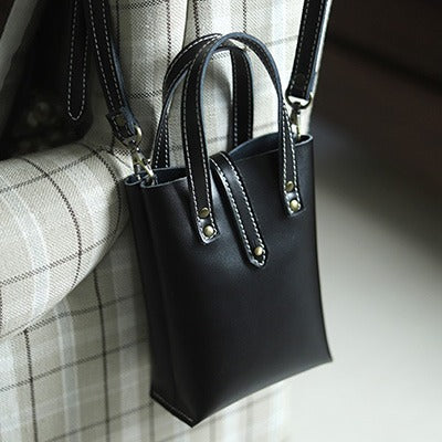 Black LEATHER Small Cute HandBag WOMEN SHOULDER - Open View