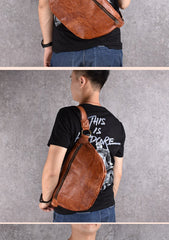 Black Leather Mens Large Sling Bag Leather Sling Pack Postman Bag Fanny Pack Shoulder Bag For Men