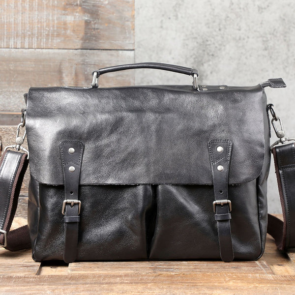 Black Leather Mens Large Briefcase 14inches Laptop - Back View