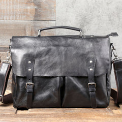 Black Leather Mens Large Briefcase 14inches Laptop Work Bag Laptop Bag Business Bag for Men