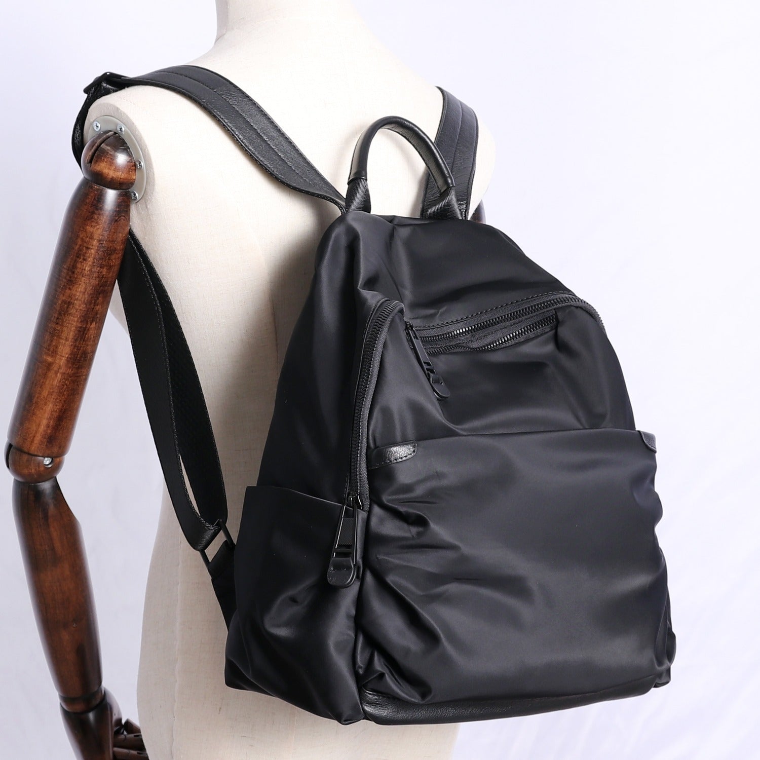Black Nylon Backpack Womens School Backpack Purse Black Nylon Leather Travel Rucksack for Ladies