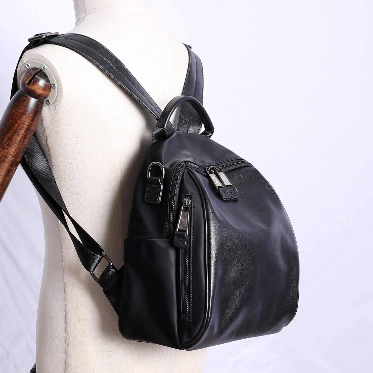 Black Nylon Backpacks Womens Cute School Backpack Purse Black Nylon Leather College Rucksack for Ladies