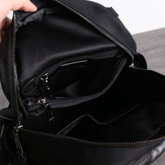 Black Nylon Leather Satchel Backpack Womens Small School Backpacks Purse Nylon Leather Travel Rucksack for Ladies