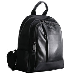 Black Nylon Leather Satchel Backpack Womens Small School Backpacks Purse Nylon Leather Travel Rucksack for Ladies