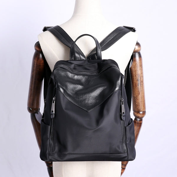 Black Nylon Leather Satchel Rucksack Womens School - Back View