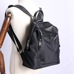Black Nylon Leather Satchel Rucksack Womens School Backpacks Purse Nylon Leather Travel Rucksack for Ladies