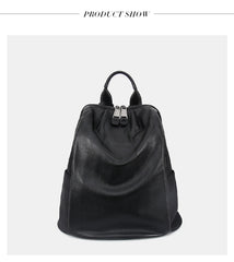 Black Nylon Satchel Backpack Womens Cute School Backpack Purse Black Nylon Leather College Rucksack for Ladies