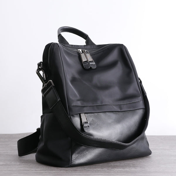 Black Nylon Satchel Backpack Womens School Shoulder - Back View