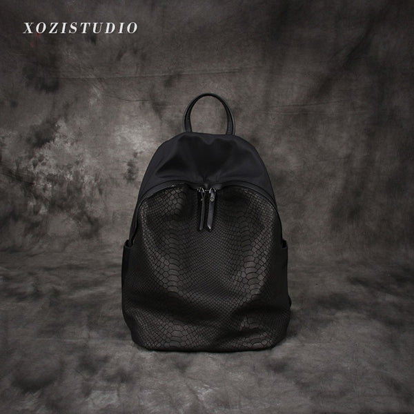 Black Nylon Satchel Backpack Womens Snake Pattern Leather School Backpacks Purse NB02781151