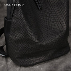 Black Nylon Satchel Backpack Womens Snake Pattern Leather School Backpacks Purse Nylon Leather Travel Rucksack for Ladies