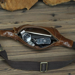 Brown MENS LEATHER FANNY PACK Coffee BUMBAG - Interior View
