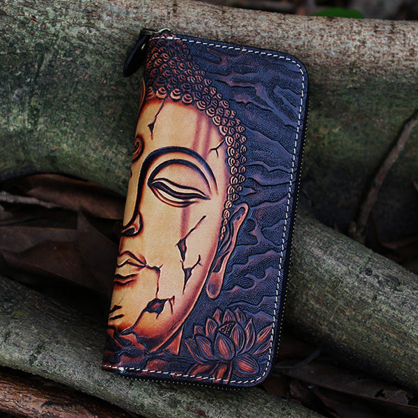 Black Tooled Buddha Leather Wallet Handmade Zipper Long Wallets For Men KBPJ02451021