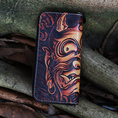 Black Tooled Buddha Leather Wallets Handmade Zipper Long Wallets For Men