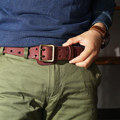 Black Washed Denim Leather Double Pins Belt Mens Red Brown Belt Men Brown Belt for Men