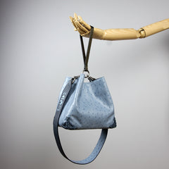Blue Womens Leather Bucket Shoulder Purse Womens Barrel Leather Handbag Shoulder Bag for Ladies
