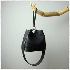 Black Womens Leather Bucket Shoulder Purse Womens Barrel Black Leather Handbag Shoulder Bag for Ladies