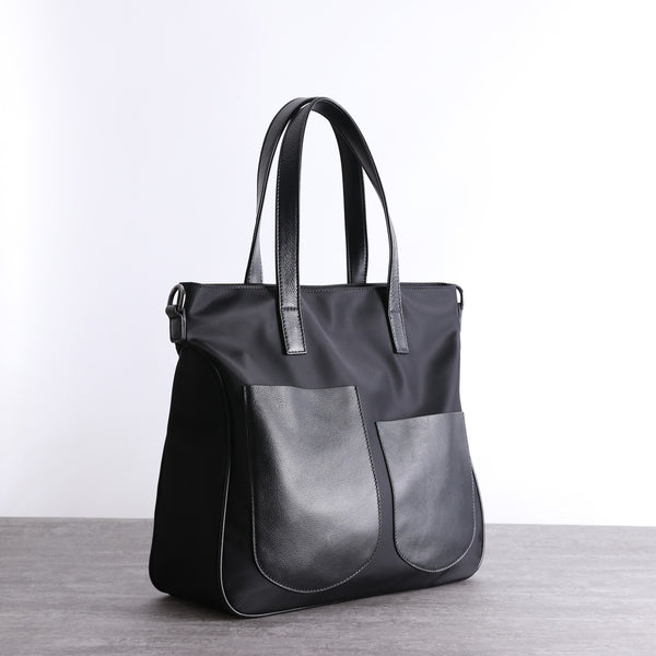 Black Womens Nylon Leather Shopper Tote Womens - Back View